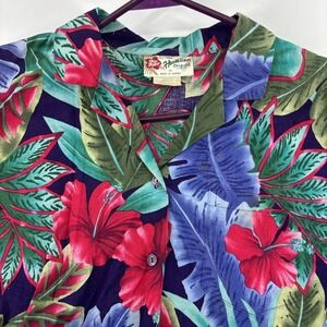 Vintage Hilo Hattie Hawaiian Shirt Mens Medium Tropical Floral Purple Blue Aloha